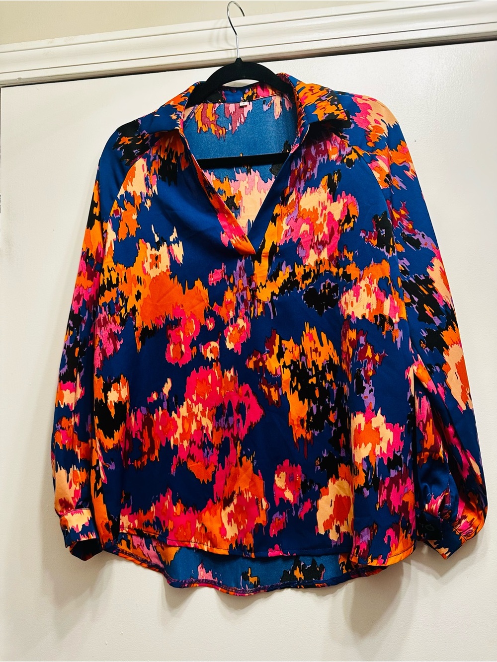Abstract Print Navy Long-Sleeve Button-Down Blouse